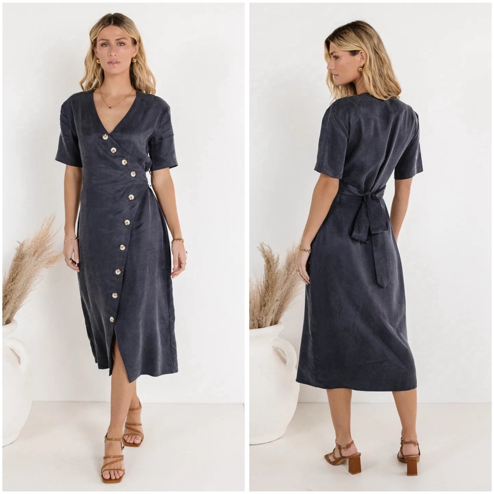Böhme Bhar Midi Wrap Dress Navy Full Button Front Women’s Size XL